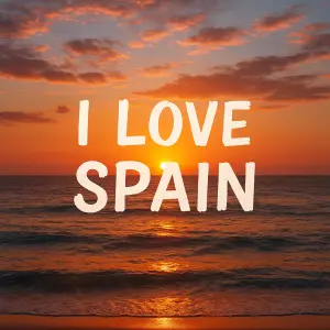 Západ slunce nad mořem s nápisem i love spain