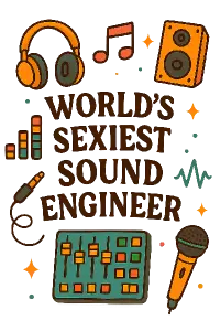"World's sexiest sound engineer" text with a nice font with sound mixing cartoony icons floating around