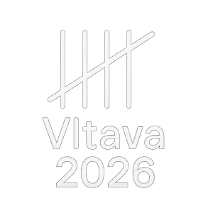 čtyřy svislé čáry přeškrtnuté přes sebe pátou a pod nimi text Vltava 2026 v bile barve a jen obrysy