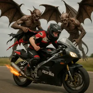 dva letajici demoni obri kridla, trhaji z ramen zavodnika moto bundu aprilia RSV 1000 ujizdi vitez, plamen z vyfuk, foto