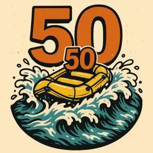 Na spodním lemu by měla být divoká peřej s raftem, na kterém sedí číslice 50
