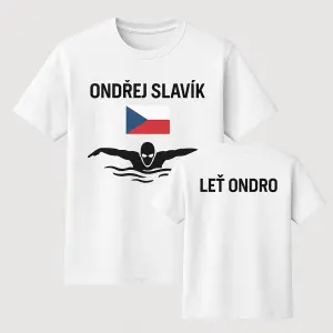 Na přední straně trička bude nápis Ondřej Slavík, česká vlajka a obrys plavce, ze zádi bude slogan leť Ondro