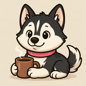 Roztomilý komiksový (animovaný) husky pes s růžovým obojkem, ležící a v packách svírá hrnek s kávou.