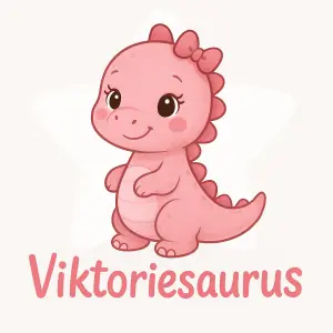 Roztomilý dětský ženský růžový dinosaurus. Bílé pozadí ve tvaru hvězdy. Růžový text: Viktoriesaurus