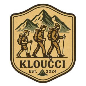 Vintage hiking badge, mountain, three hikers, KLOUČCI, EST. 2024, vector, transparent background