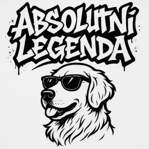 Text Absolutní legenda - ostrý font ve stylu graffiti. Pod tim obrys zlatého retrivra se slunečními brýlemi. Jen v černé