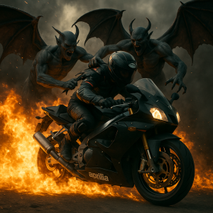silnicni jezdec na aprilia rsv 1000 prorazi plameny a ujizdi dvoum demonum s obrimi kridly trhaji kombinezu z ramen foto