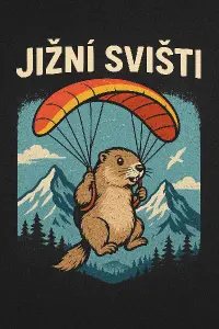 navrhni mi sviště na paraglidu který létá v horách a chci to jako potisk na triko kde bude název Jižní Svišti
