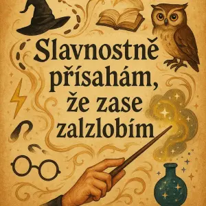 Napis: Slavnostne prisaham, ze zase zazlobims motivy Harryho Pottera, magie, kouzla, cary