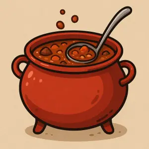 Kreslený červený kotlík plný guláše s naběračkou