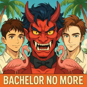 obličej Óni, mezi Charles Leclerc a Robert Patinson, styl anime, palmy, plameňáci s motýlkem a nápis Bachelor no more