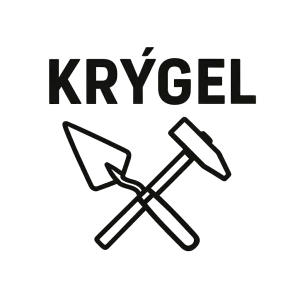 Jméno Krygel a pod ním logo ve formě zkřížených zednických nářadí s bez diakritiky