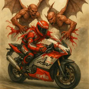 racing aprilia zavodnik rsv, dva letajici demoni obri kridla, kazda strana trhaji kus kombi z ramen, krev, svetly obraz