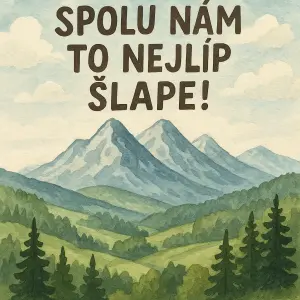 pozadí hory kreslené - nápis SPOLU NÁM TO NEJLÍP ŠLAPE!