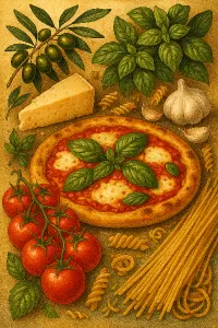 Luxusní ilustrace inspirovaná italskou kuchyní. Pozadí tvoří olivy, bazalka, rajčata, česnek, parmazán, těstoviny, pizza