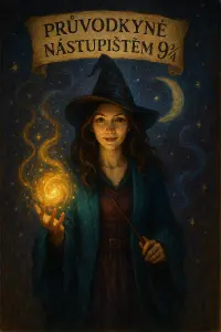 Prosím vytvoř magický obrázek pro ženu,s tématem magie a nápisem Průvodkyně nástupištěm 9 3/4
