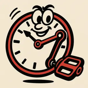 karikatura hodin s cyklistickou šlapkou místo hodinové ručičky , černé hodiny s červenými obrysy
