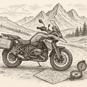 Outdoor cesta na motocyklu BMW GS , kompas, mapa perokresba hory