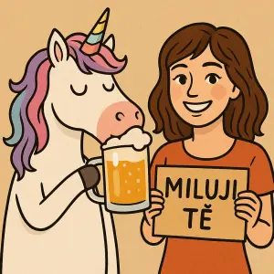jednorožec pijici pivo a vedle nej stojící mlada žena s hnedyma vlasama drzici tabulku kde je napsané miluji tě