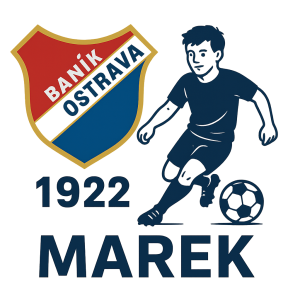 logo Baník Ostrava, s fotbalistou, rokem založení a jména MAREK