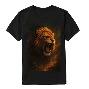 Create a dramatic, cinematic t-shirt design for a black cotton t-shirt with a transparent background. In the center, fea
