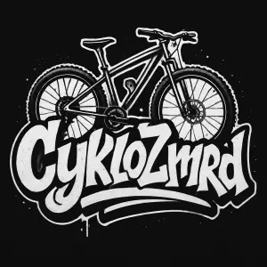 Text CykloZmrd v stylu grafity ale čitelný s obrysy horského kola,text je černobílý se stinovanim.Podklad textu je černý