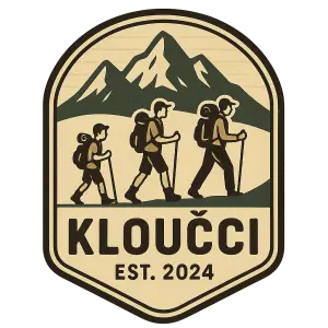 Vintage modern hiking badge, mountain, three hikers, KLOUČCI, EST. 2024, vector, transparent background
