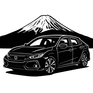 Grafický potisk auta Honda Civic hatchback na průhledném pozadí. Černá výplň auta s bílými obrysy a za ním bílá hora Fud
