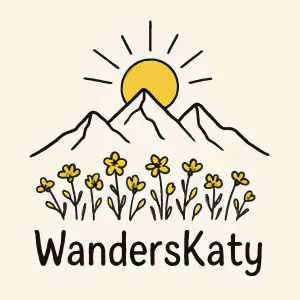 Jednoduchá linka hor v pozadí, nad horami slunce, a dole pod horami žluté lucni kvítí, pod tím nápis WandersKaty
