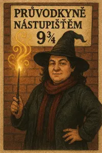 Prosím vytvoř magický obrázek pro ženu,s tématem magie a nápisem Průvodkyně nástupištěm 9 3/4. Ale nechci ženskou ženská