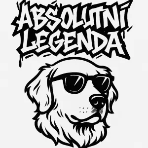 Text Absolutní legenda - ostrý font ve stylu graffiti. Pod tim obrys zlatého retrivra se slunečními brýlemi. Jen v černé