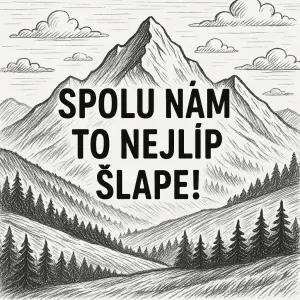 pozadí hory kreslené černobíle- nápis SPOLU NÁM TO NEJLÍP ŠLAPE!