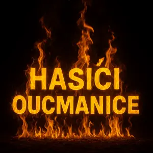 Žlutě hořící nápis. Text: hasiči Oucmanice