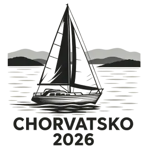 Ostrovy Dlugi Otok,Ugljan,Pašman.V popředí plachetnice a nápis Chorvatsko 2026.Bez pozadí jen v černobílých barvách.