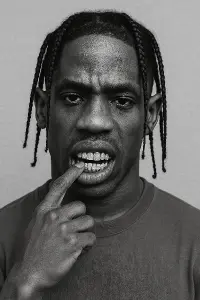 Chci aby byl na obrazku travis scott a aby byla jen hlava s krkem cernobile na triku a ma malicek v puse a ma na zubech