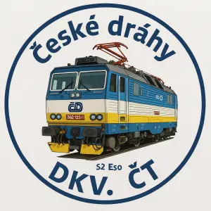 Do pulkruhu z vrchu napiš Český dráhy pod to udělej obrázek lokomotiv 362 eso s že spod do pulkruhu napiš DKV. ČT