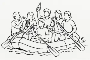 6 lidí(4 kluci2holk)plující na raftu a popíjí.Obrázek by měl být pouze černobílé linie, bez konkrétních obličejů