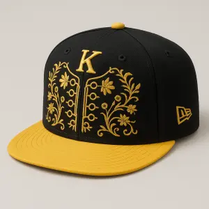 Navrhni luxusní černo-žlutou snapback kšiltovku inspirovanou krojovou vestou Vlada Kumpana, v moderním stylu New Era
