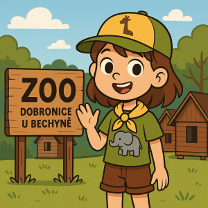 cartoon dívka v družstvu na letním táboře, jehož téma je ZOO a koná se v Dobronicích u Bechyně v chatkách
