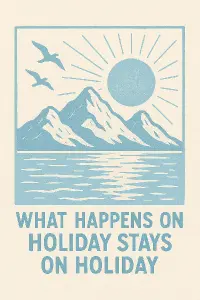 světle modrá barva, hory, slunce a moře, dva letící ptáci. Pod obrázkem text: What happens on holiday styas on holiday