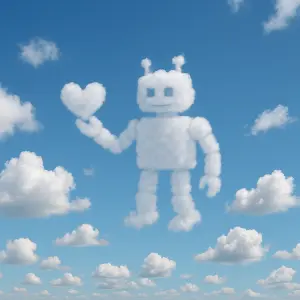 Vytvoř obrázek nebe kde jsou bílé mraky a jeden připomíná robota ve tvaru člověka a v ruce srdce