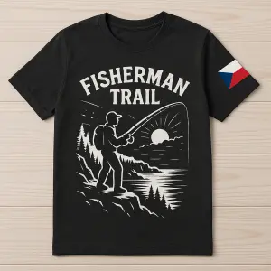 Fisherman trail napis a obrázek a tričko s vlajkou české republiky