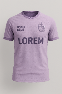 Vytvoř realistický návrh vlastního sportovního dresu v jemné lila barvě. Styl není pro skutečný fotbalový klub, ale pro