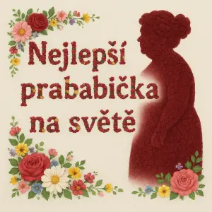 Květinový nápis česky psáno nejlepší prababička na světě, kde bude silueta babičky s tmavě rudými vlasy a větší postavou