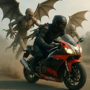 zavodnik racing aprilia rsv 1000 ujizdi dvoum letajicim demonu s obrimy kridly trhajici z ramen odev , svetla scena foto