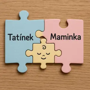 puzzle, kdy v jednom je napsáno ,,Tatínek" ve druhém ,,Maminka" a uprostřed je jeden malý puzzle, který představuje mimi