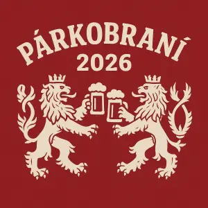 Na prsou hrdě text: párkobraní, pod tím letošní rok 2026, níž dva lvi ze státního znaku, co stojí proti sobě a připíjí