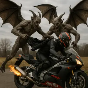 dva letajici demoni obri kridla, trhaji z ramen zavodnika moto bundu aprilia RSV 1000 ujizdi vitez, plamen z vyfuk, foto