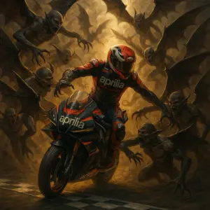 horda letajicich demonu chce strhnout zavodnika silnicnich motocyklu aprilia racing, prosvetleny realny obraz vitezstvi