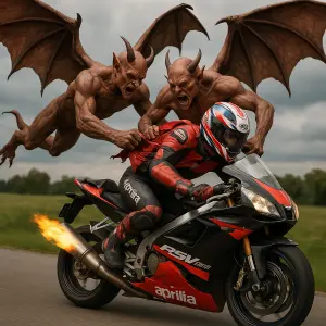 dva letajici demoni obri kridla, trhaji z ramen zavodnika moto bundu aprilia RSV 1000 ujizdi vitez, plamen z vyfuk, foto